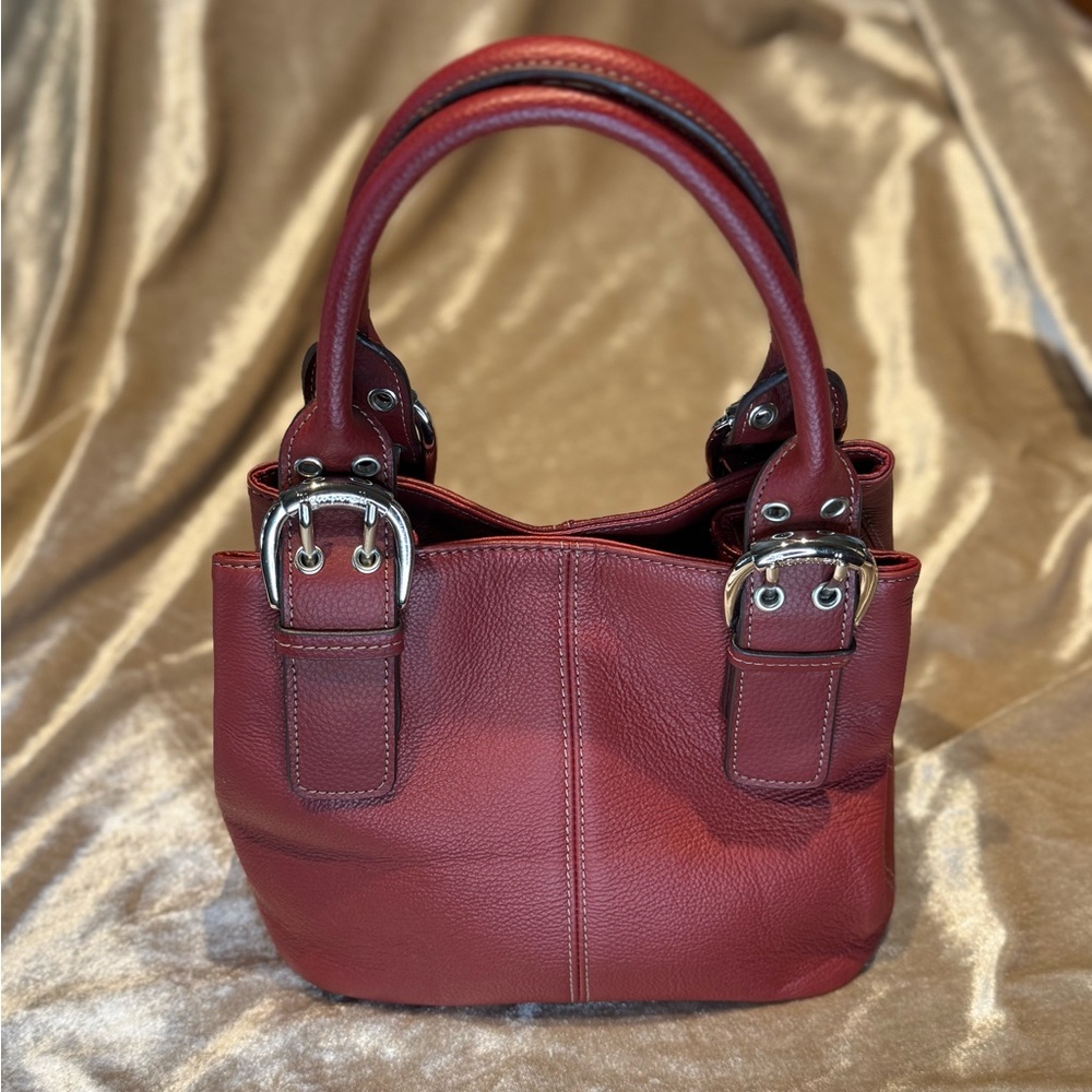 Tignanello Red Soft Pebbled Leather Medium Satchel Handbag Purse Tote 2 Handles